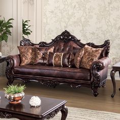 Palencia Dark Cherry/Brown Sofa - Ornate Home Victorian Couch, Beige Loveseat, Brown Loveseat, Beige Chair, Brown Chair, Cherry Brown, Sectional Sofas Living Room, Wood Details, Sofa Loveseat