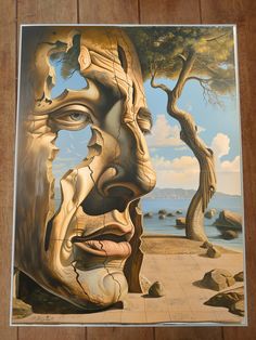 a painting of a man's face with trees and water in the back ground