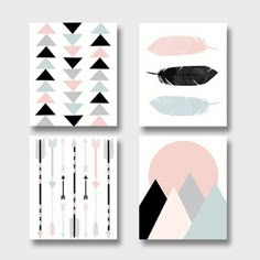 four posters with geometric shapes and feathers on them, all in different shades of pink