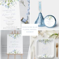 the wedding stationery is shown with blue flowers and greenery, including an easel