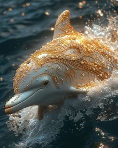 a white dolphin with gold accents swimming in the water