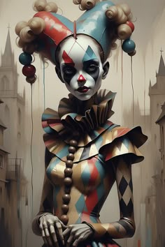 a painting of a creepy clown with balloons in the shape of his head and hands