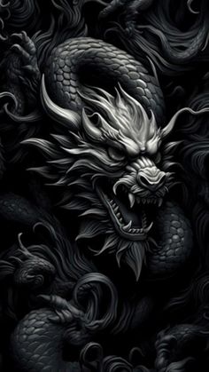 a black and white dragon with its mouth open