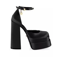 Worn Only A Couple Of Times, Great Condition. Chunky Block Heel And Stacked Platform Elevates These Satin-Covered Pumps, Detailed With Crystal Embellishments And Medusa Charm At Ankle Strap. Satin Upper Square Toe Adjustable Ankle Strap Leather Lining Leather Sole Versace Shoes, Medusa Head, Chunky Block Heels, Platform Pumps, Shoes Women Heels, Block Heels, Ankle Strap, Leather Straps, Versace