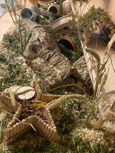 an assortment of fake plants and animals on display