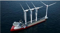 an artist's rendering of a boat with wind turbines on it in the ocean