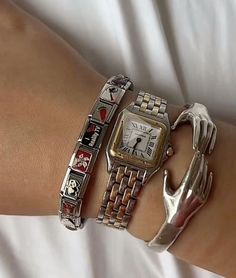 Italian Charm Bracelet Stack, Italian Bracelets Aesthetic, Popular Jewelry Trends 2024, Bracelet Stack With Watch, Jewelry Collection Aesthetic, Watch And Bracelet Stack, Charm Bracelet Stack, Italian Charm Bracelets, Bracelets Outfit