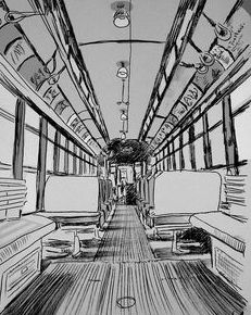 a drawing of a train car with lots of windows and chairs on the sidelines