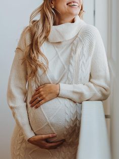 Momyknows Beige Knitted High Neck Casual Daily Oversized Maternity Photoshoot Baby Shower Mini Dress Gender Reveal Outfit, Gender Reveal Outfits, Maternity Sundress, Maternity Nursing Dress, Maternity Midi Dress, Maternity Dresses For Photoshoot, Winter Maternity, Winter Decoration