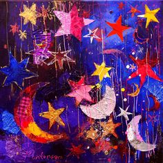 an abstract painting with stars and moon on the purple background, painted in acrylic paint