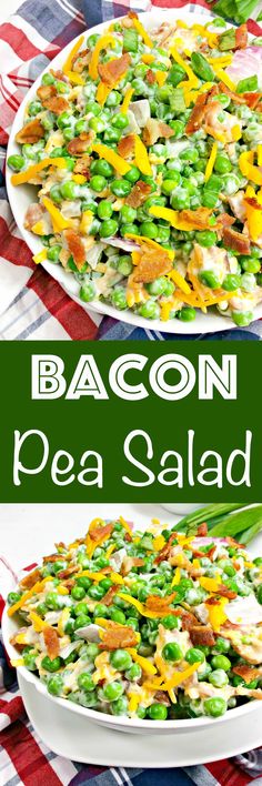 bacon pea salad in a white bowl on a red and blue checkered table cloth