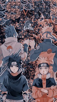 some anime characters are standing together in front of an abstract background with black and orange colors