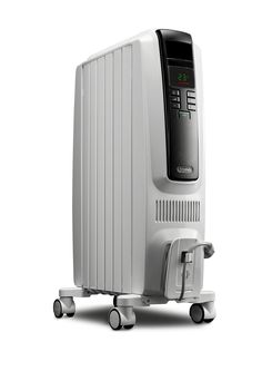 an electric heater sitting on wheels in front of a white background