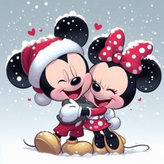 two mickey and minnie mouses hugging each other in the snow with hearts floating around