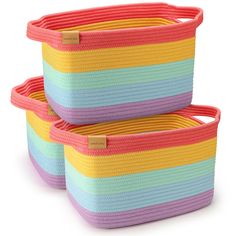 two colorful baskets sitting next to each other