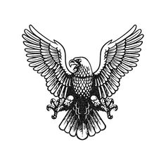 an eagle with wings spread out and two skulls on it