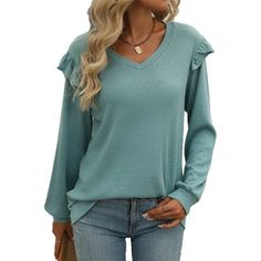 Women Long Sleeve T Shirts Fall V Neck Ruffle Sleeve Tunic Tops for Fall and Winter SHIBEVER Long Sleeve T Shirt Has Comfortable Materials and Ruffle Sleeve, It Can Dressy Perfect All-Purpose Style Clothing for Your Wardrobe. Shibever Fall Long Sleeves Top is Lightweight And Has A Comfortable Fabric That is Comfortable And Wram in Cold Weather. This T Shirt or Top is Specially Designed for You Who Enjoy the Daily Life. Product Details Women Fall T Shirts V Neck Long Sleeve Tunic Tops Clothing fo Fall V-neck Ruffled Tops, Fall Cotton T-shirt With Ruffles, Casual Ruffled T-shirt For Fall, Green Ruffle Sleeve Tops For Fall, Solid Color Crew Neck Top With Ruffles, Green Crew Neck Top With Ruffles, Trendy Ruffle Sleeve Top For Fall, Trendy Fall Tops With Ruffle Sleeves, Casual Solid Color Top With Ruffle Sleeves