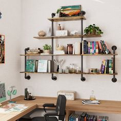 an office desk with bookshelves on the wall