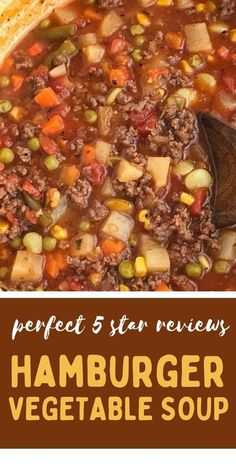 hamburger vegetable soup in a bowl with a wooden spoon