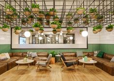 a living room filled with lots of furniture and potted plants on the ceiling above