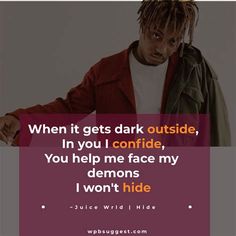 a man with dreadlocks standing in front of a purple background and the words when it gets dark outside, in you i contide, you help me face my demons