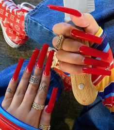 Red Acrylic Nails, Long Acrylic Nail Designs, Long Square Acrylic Nails