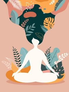 a woman is sitting in the lotus position surrounded by plants and leaves on a pink background