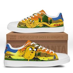 Adventure Time Jake Stan Shoes Custom-Gear Wanta Adventure Time Jake, Clean White Leather, Tennis Legends, Smith Shoes, Jake The Dogs, Green Heels, Shoes Custom, Shoe Gifts, Custom Shoes