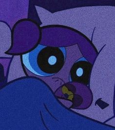 an animated pony with big blue eyes and purple hair