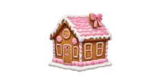 a gingerbread house with pink icing on it's roof and bow around the top