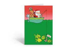 a christmas card with an image of santa in a boat on the water and other cartoon characters