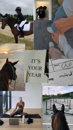 a collage of photos with horses and people in the process of doing different things