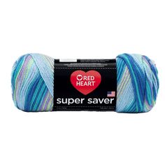 red heart super saver yarn in blue, green and white with the words'i love