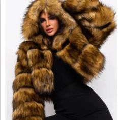 This Cold Weather Piece Features A Tiered Faux Fur Fabrication, Attached Hood, And A Front Zipper Enclosure. Complete With A Cropped Cut And Vegan Leather Lining. Wear These On A Night Out With Stiletto Booties And Skinny Pants For A Sexy And Chic Look! Feel The Fierceness Radiant Through You! Fur Top With Leather Pants, Pink Faux Fur Coat, Girls Fur Coat, Cute Christmas Outfits, Faux Fur Cropped Jacket, Girls Fur, Party Blouse, Azalea Wang, Mink Coat