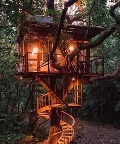 a tree house in the woods with stairs leading up to it