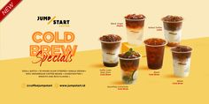 an ad for jump start cold brew with different types of drinks in it, including iced coffee