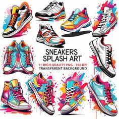 Sneaker Clipart, Custom Artwork Sporty Sneakers, Artistic Multicolor Sneakers For Streetwear, Sneaker Art Illustration, Sport Shoes Illustration, Multicolor Custom Sneakers With Paint Splatter For Streetwear, Neon Sneakers, Paint Splash Background, Elephant Clip Art