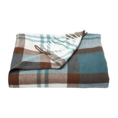 a blue and brown plaid blanket folded on top of each other