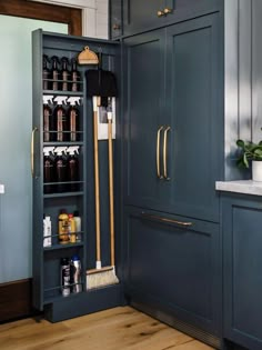 an open cabinet with brooms and cleaning supplies in it