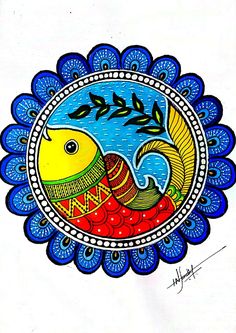 a drawing of a fish in a circle with leaves on it's head and the word