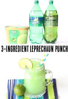 3 ingredient leprechaun punch recipe with limeade and ice cream in mason jars