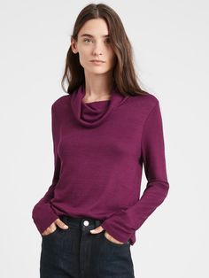 LUXESPUN: Our coziest knit, Luxespun fabric is sweater-soft, stretchy and just a little heavier than a t-shirt.  EASY FIT: Not-too-tight, not-too-loose this top is tailored through the chest, and straight through the waist.  Cowl neck.  Straight hem.  Semi-fitted.  Long sleeves.  Hip length.  Body length (size S): Petite 22. 5", Regular 24" Sleeve length from center back: Petite 29", Regular 31" Model: Size XS, 5'10" (178cm). Knit Long Sleeve T-shirt For Fall, Snug Tops For Fall Loungewear, Trendy Long Sleeve Knit T-shirt, Snug Tops For Loungewear In Fall, Long Sleeve Knit T-shirt For Winter, Snug Long Sleeve Tops For Fall, Snug Fit Long Sleeve Tops For Fall, Knit Long Sleeve T-shirt For Winter, Casual Turtleneck Top With Soft Texture