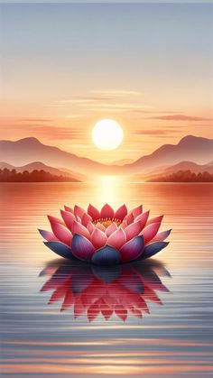 a lotus flower sitting on top of a body of water with the sun in the background