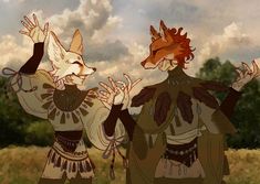 two foxes dressed in medieval clothing standing next to each other with their hands up and looking at the sky