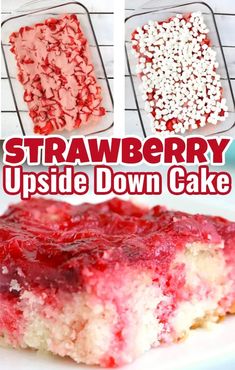 strawberry upside down cake on a white plate with the words, strawberry upside down cake