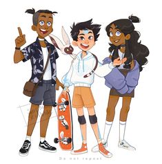 three young people standing next to each other holding skateboards and giving the peace sign