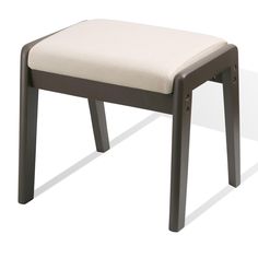 a small stool with a white cushion on the seat and backrest, in front of a white background