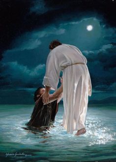 an image of jesus walking into the water with a child in his lap and holding him