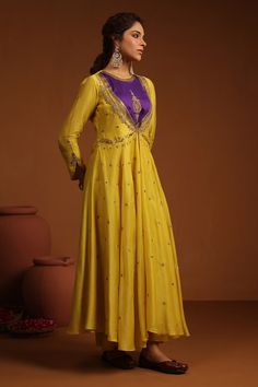 Buy Yellow Anarkali And Pant Chanderi Silk Embroidery Zardozi Round Angrakha Set For Women by Label Niti Bothra Online at Aza Fashions. Angarkha Anarkali, Angrakha Anarkali, Embroidery Zardozi, Yellow Anarkali, Jayanti Reddy, Tarun Tahiliani, Sequin Embroidery, Sequins Embroidery, Silk Embroidery