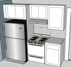 a drawing of a kitchen with white cupboards and silver stove top oven next to a refrigerator